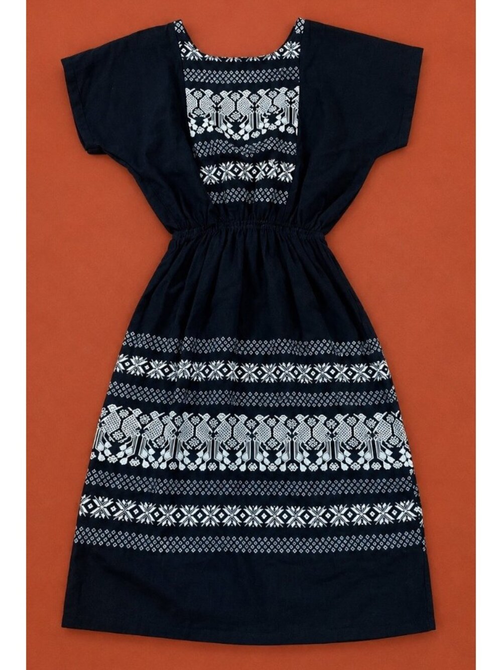VTG Dress South American - Mexico Small Black White Embroidery Midi Short Sleeve